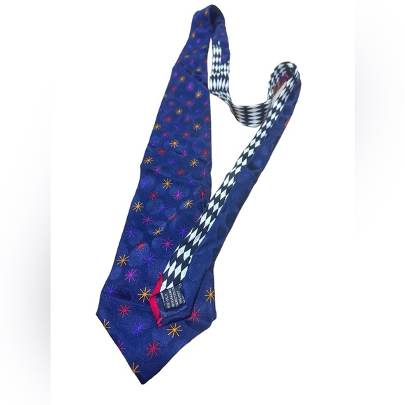 V2 Versace Navy Printed Tie W/Versace Print Trim and Starbursts Silk Tie - Picture 2 of 11